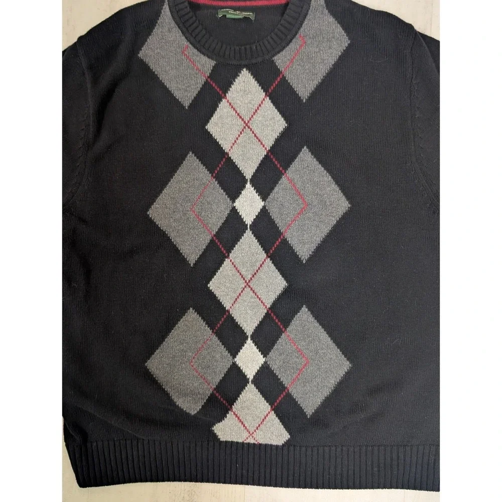 Men's Black Gray Argyle Sweater Crewneck Preppy Dark Academia Grandpa L‎